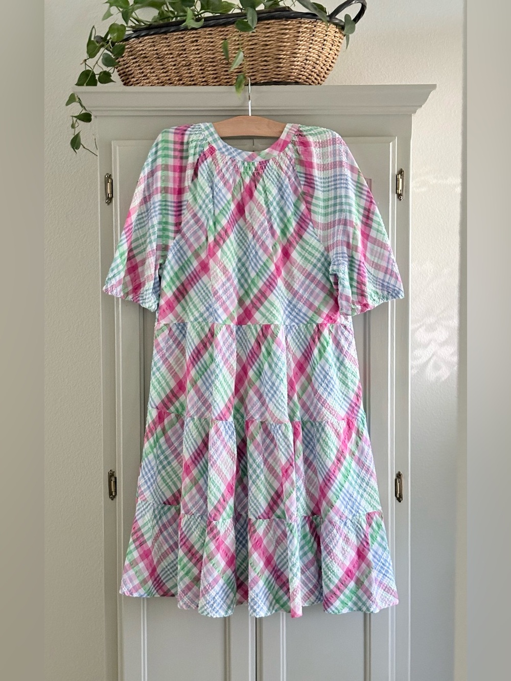 Crown & Ivy Tiered Skirt Seersucker Cotton Split Neck Puff Sleeve Dress | Size L - Picture 8 of 8